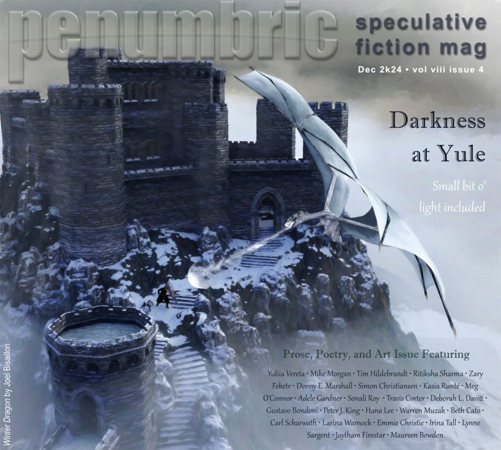 Cover of Penumbric volume 8, issue 4 that shows a castle with snow on it and a knight fighting a dragon on the stairwell.